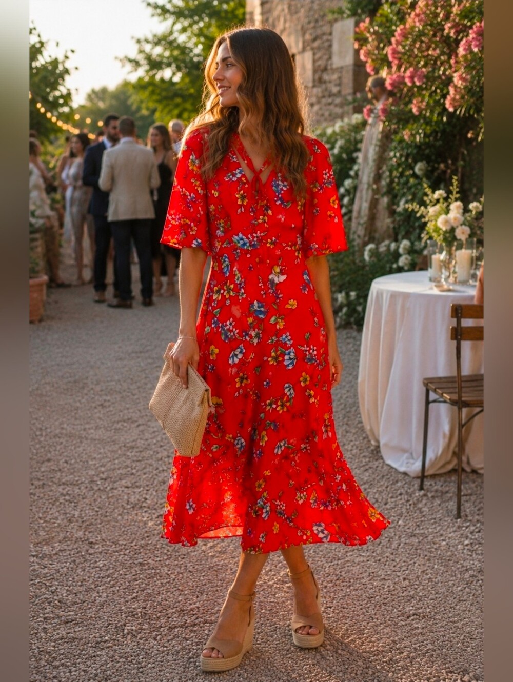 MANGO Red Floral Midi Dress